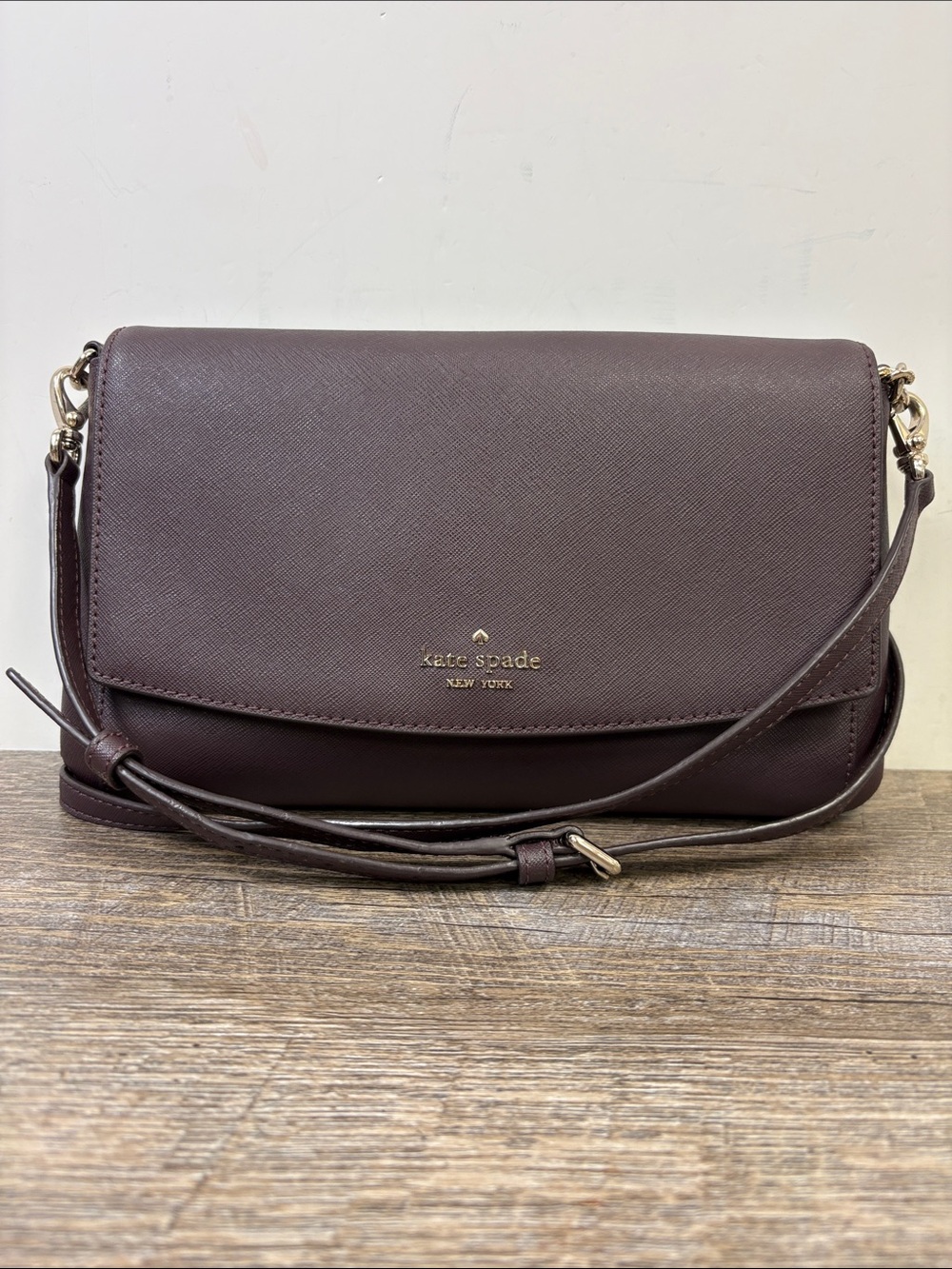 Kate Spade New York Saffiano Leather Crossbody Flap Bag Burgundy Shoulder Purse